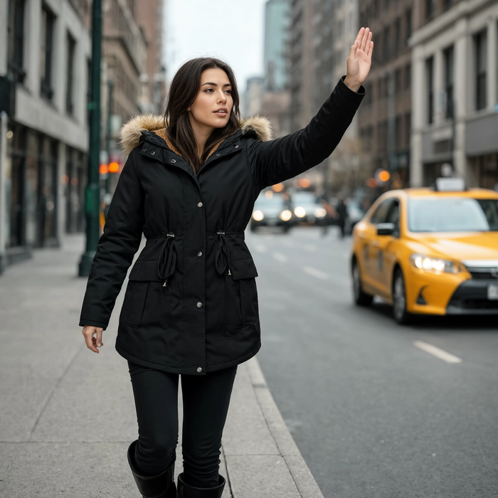 Parka femme mi-longue noire à capuche fourrée portée en ville l'hiver