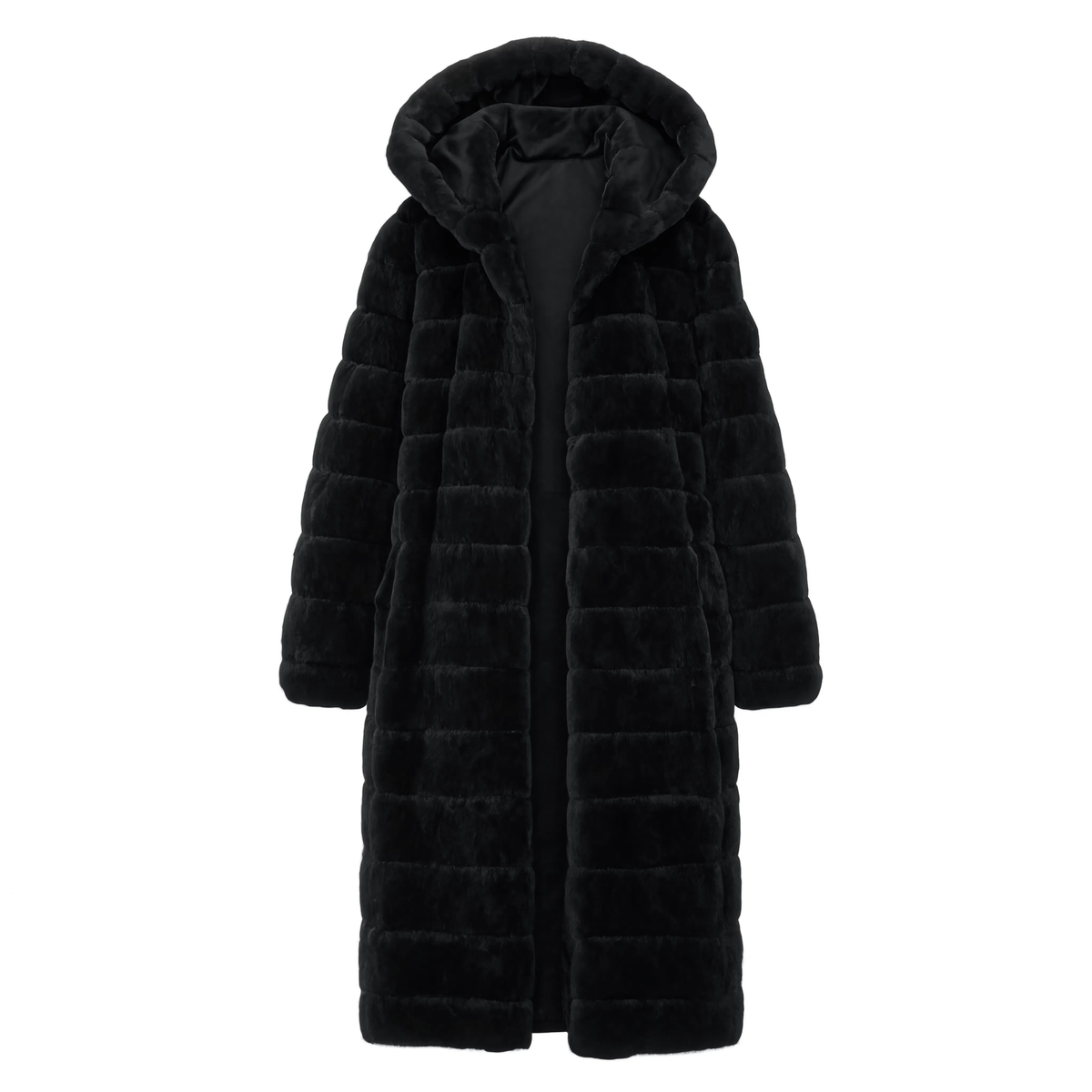 Manteau femme long fausse fourrure La Toundra noir sur fond blanc, bandes horizontales