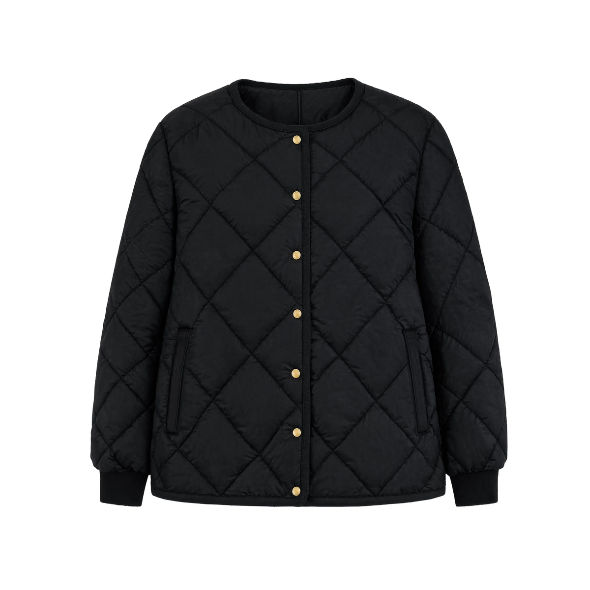 Manteau femme court matelassé L'Opaline noir sur fond blanc, col rond et boutons dorés