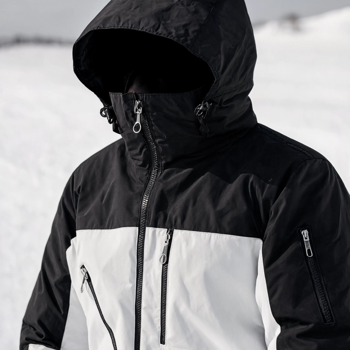 Gros plan sur le col et la capuche de la veste de ski noire et blanche