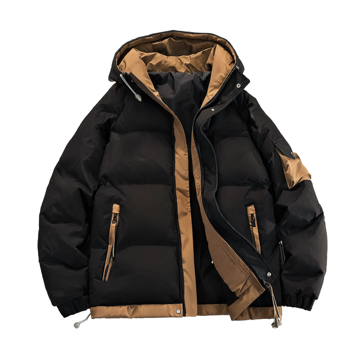 Parka doudoune homme matelassée Le Monolithe noire ouverte, doublure contrastée camel