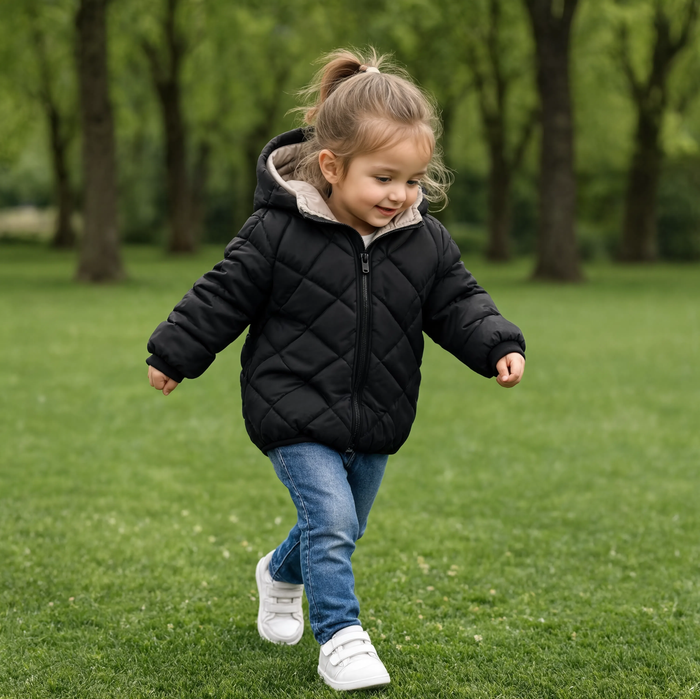 Parka enfant noire à capuche portée dans un parc en hiver