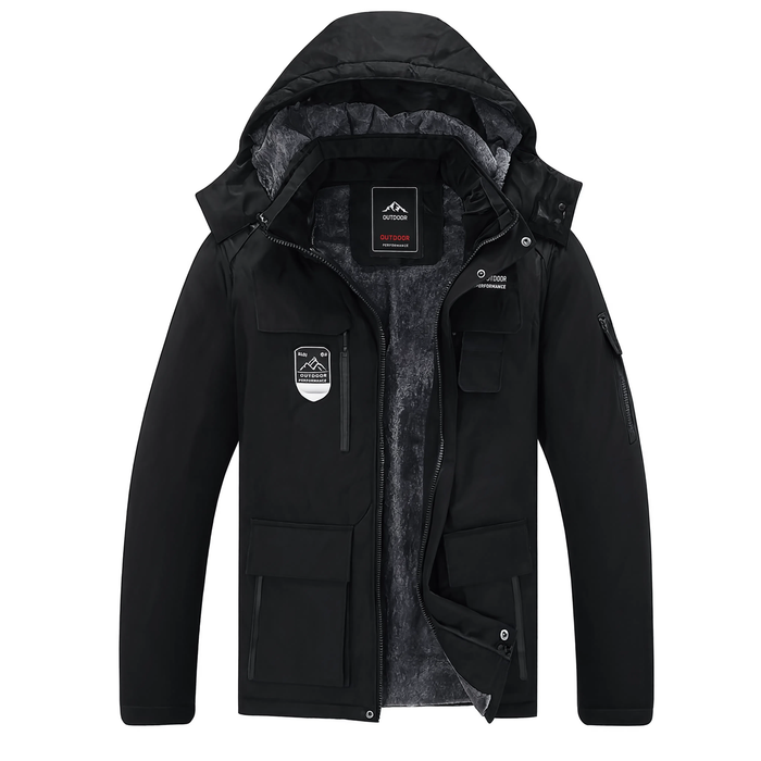 Parka homme noire à motif patchwork, vue produit sur fond blanc