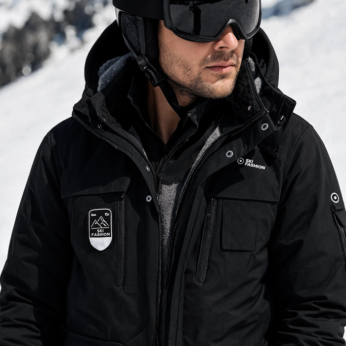Gros plan sur le col et la capuche amovible de la parka noire
