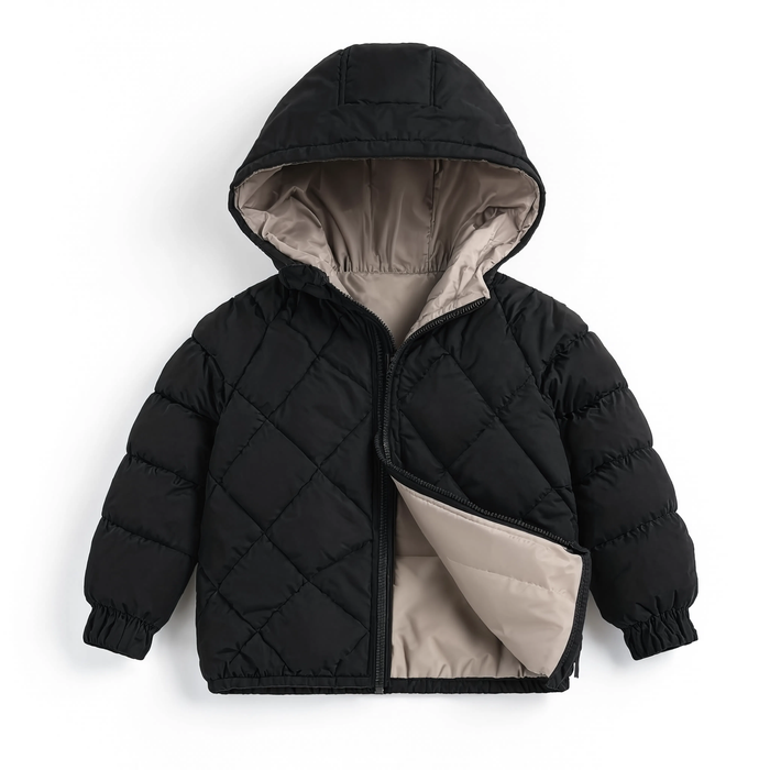 Parka enfant noire rembourrée coton, vue produit sur fond blanc