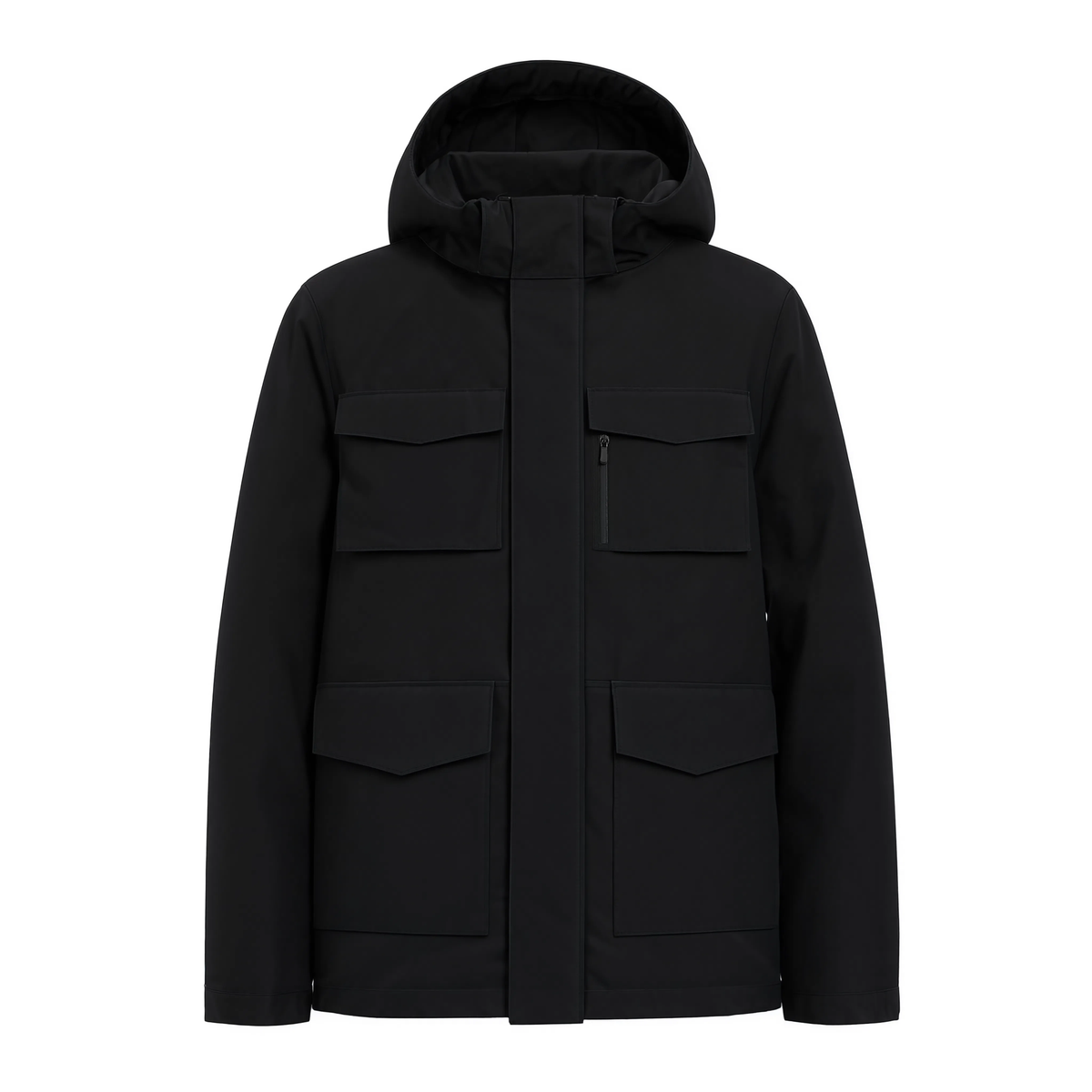 Veste de ski homme noire style cargo, vue produit sur fond blanc