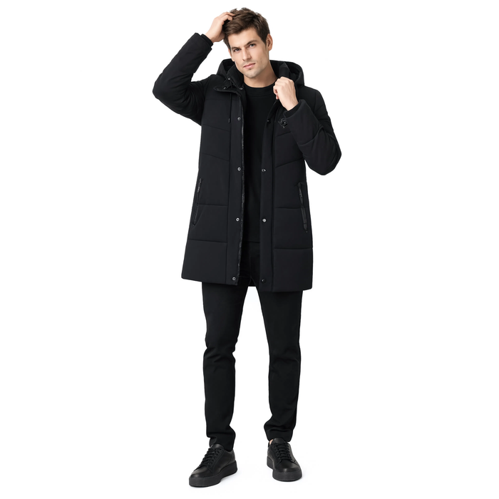 Parka noire homme longue La Marche portée par un mannequin sur fond blanc