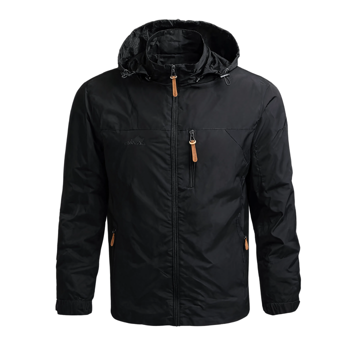 Coupe-vent homme noir à capuche, vue produit sur fond blanc