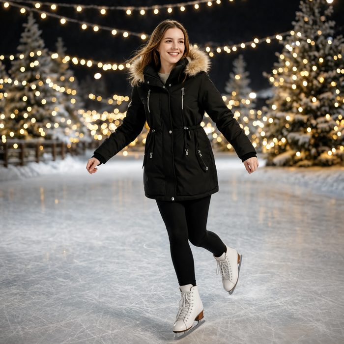 Parka femme noire à capuche fourrée portée à la patinoire