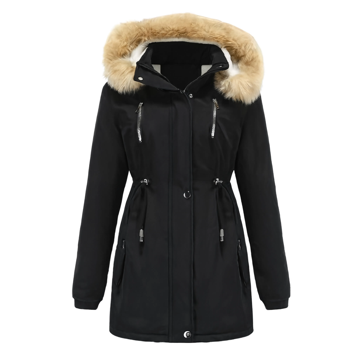 Parka femme noire à capuche amovible fourrée, vue produit sur fond blanc