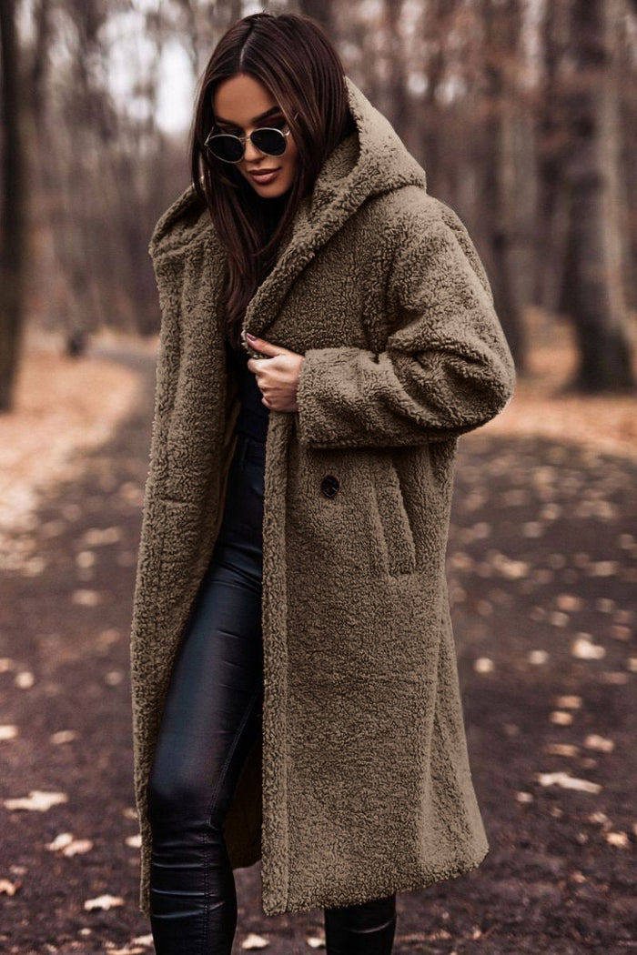 Manteau femme long peluche capuche kaki, vue 4 | La Peluche Bleue