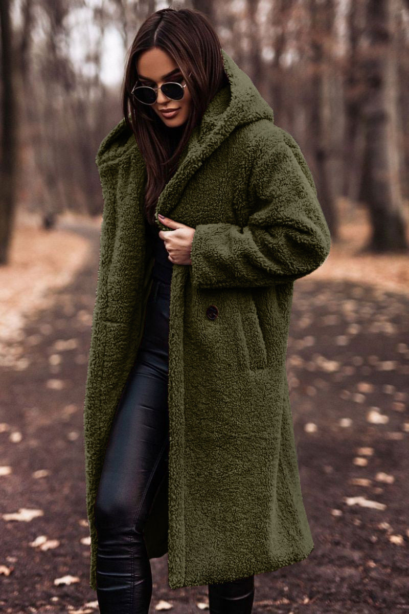 Manteau femme long peluche capuche vert foncé, vue 5 | La Peluche Bleue