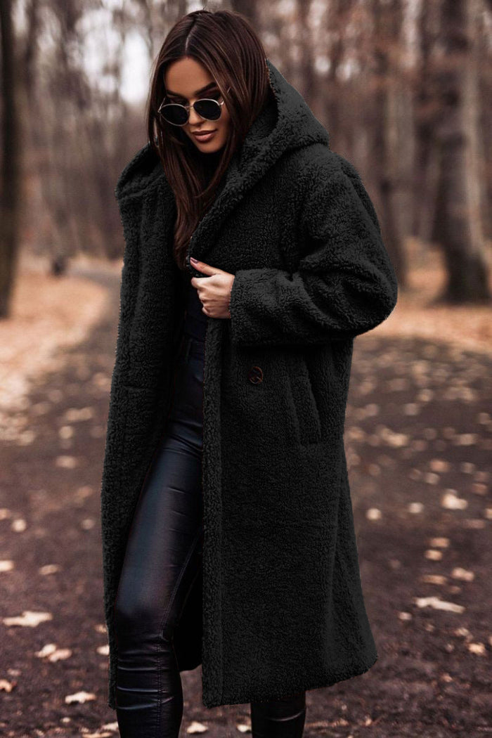 Manteau femme long peluche capuche noir, vue 2 | La Peluche Bleue