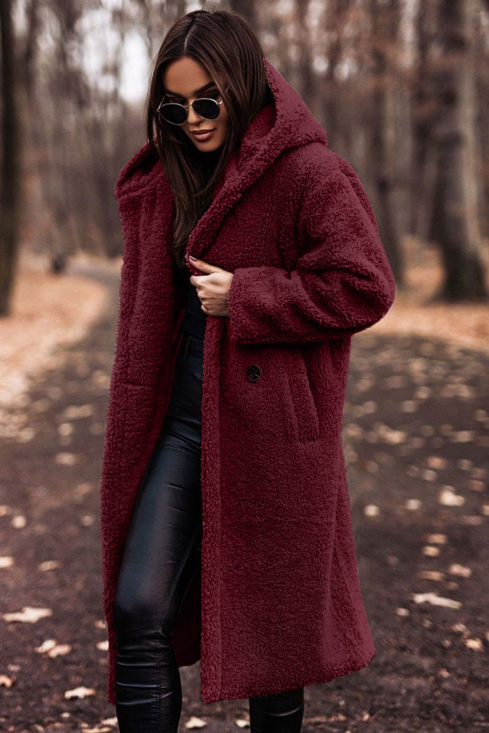 Manteau femme long peluche capuche rouge, vue 3 | La Peluche Bleue