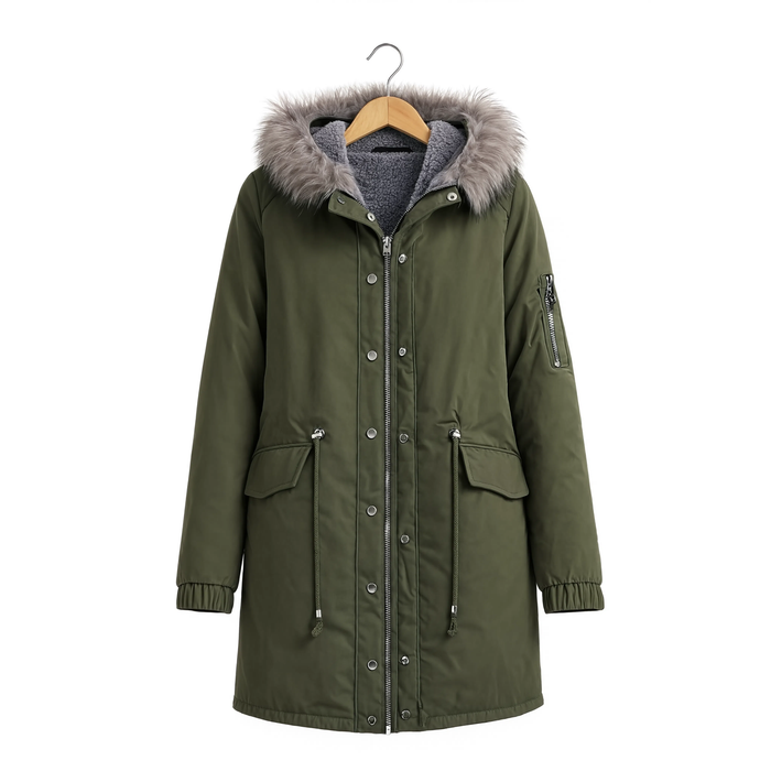 Parka femme kaki en velours à capuche fourrure grise, vue produit