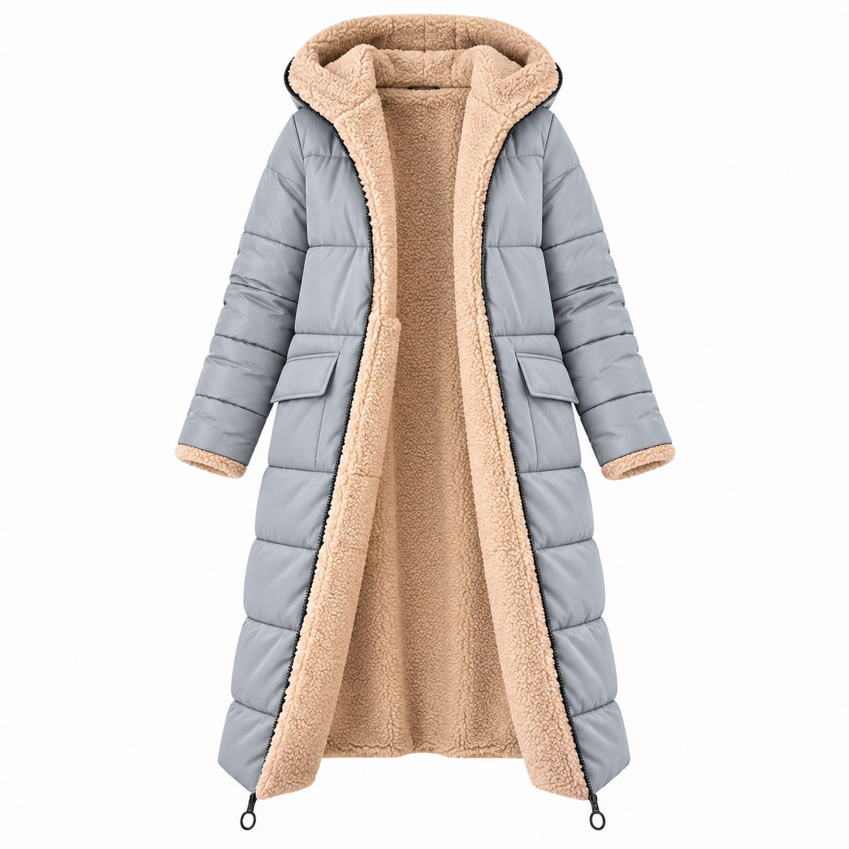 Doudoune femme longue doublée peluche à capuche | La Fourrure Rose