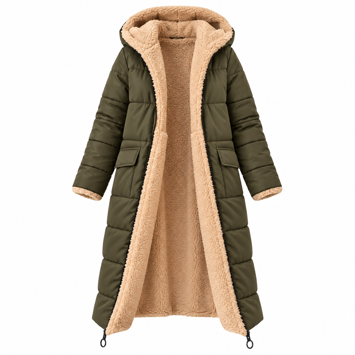 Doudoune femme longue doublée peluche à capuche | La Fourrure Rose