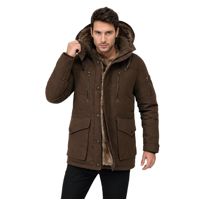Homme portant la parka marron Le Bûcher à capuche amovible