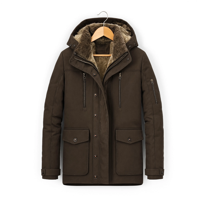 Parka homme marron doublée polaire, vue produit sur cintre