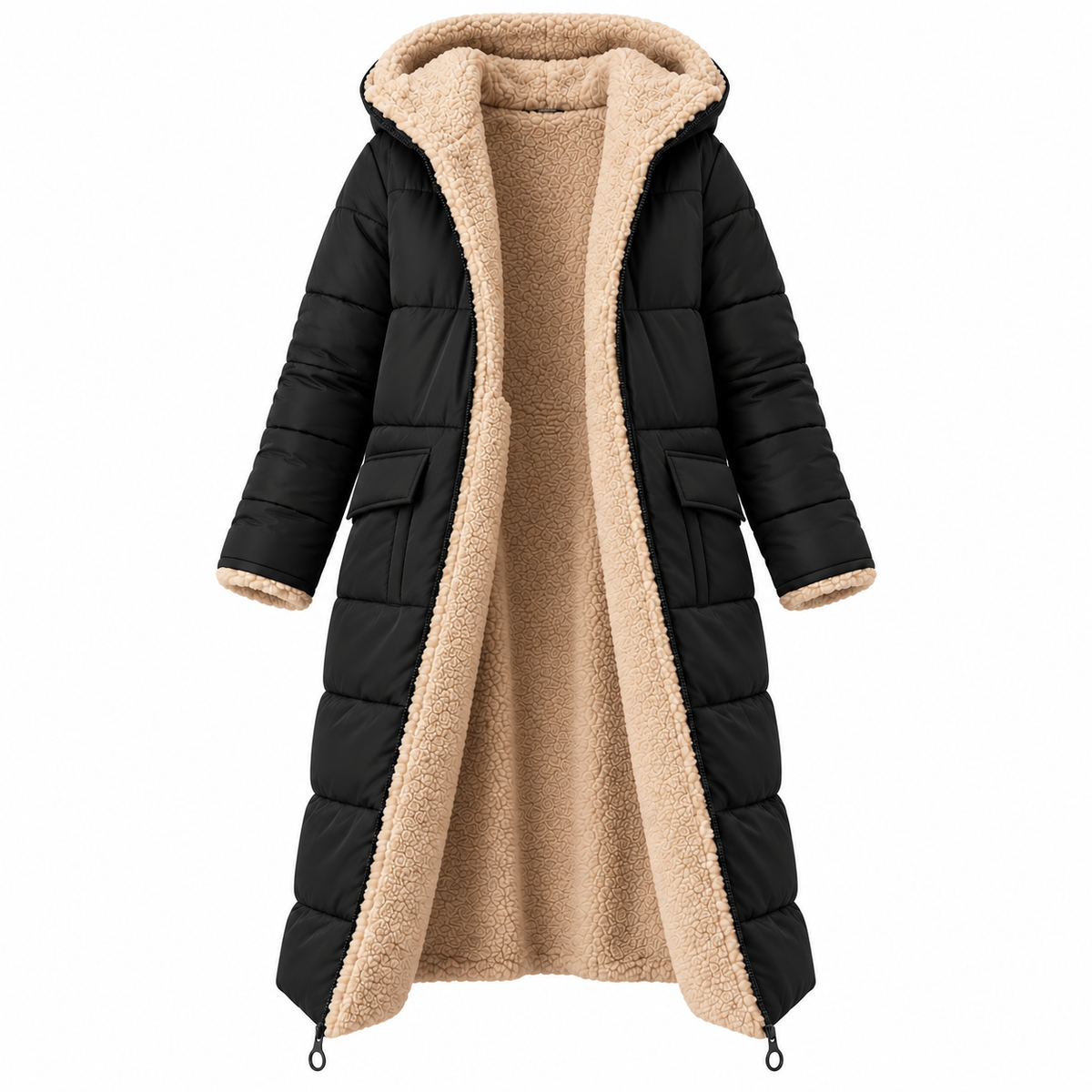 Doudoune femme longue doublée peluche à capuche | La Fourrure Rose