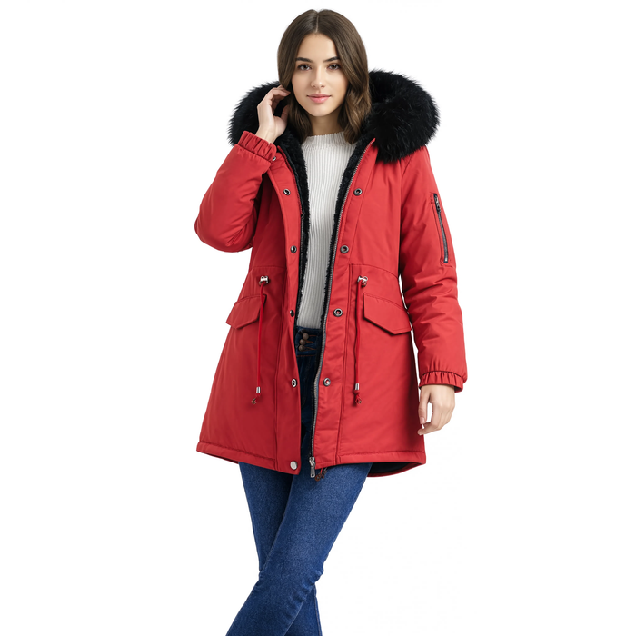 Femme portant la parka rouge La Fougeraie à capuche bordée de fausse fourrure noire