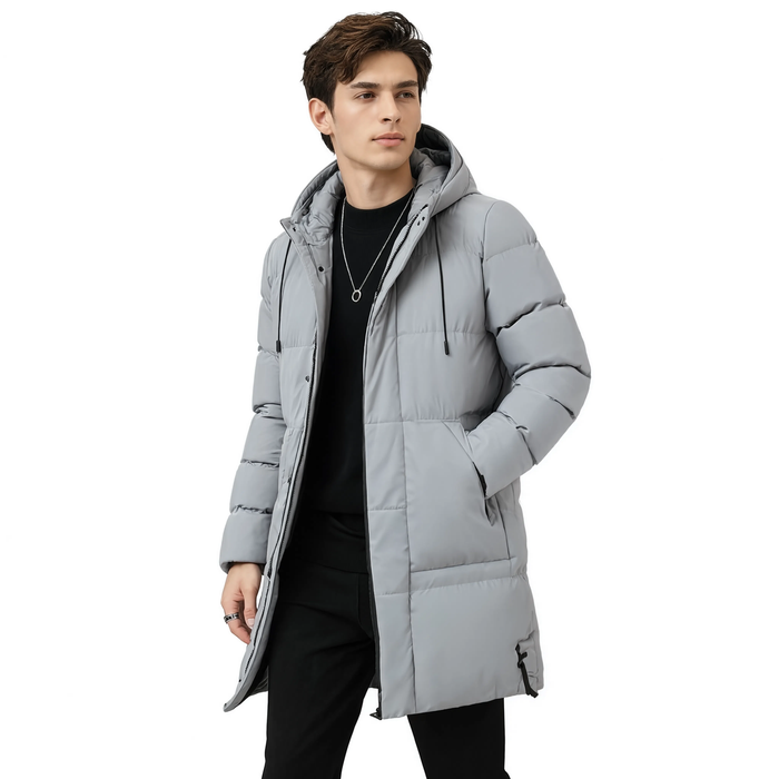 Parka homme longue grise matelassée à capuche, fond blanc | Le Talus