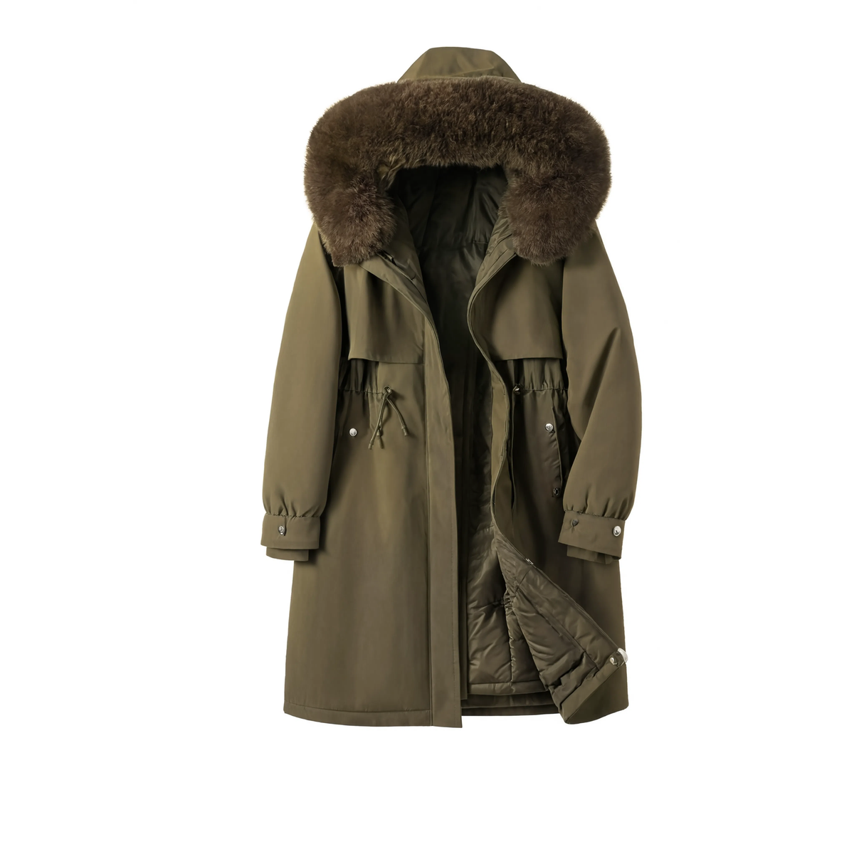 Parka femme très longue La Mésange café sur fond blanc, longueur au mollet