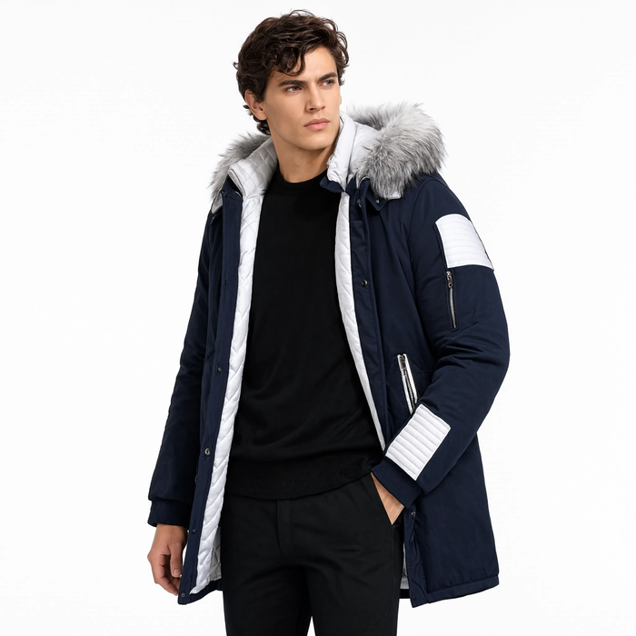 Parka bleu marine ouverte, vue de face sur fond blanc | Le Prévôt