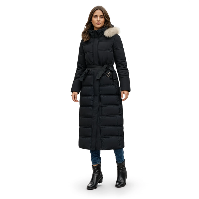 Parka longue femme noire descendant sous le genou, capuche en fausse fourrure