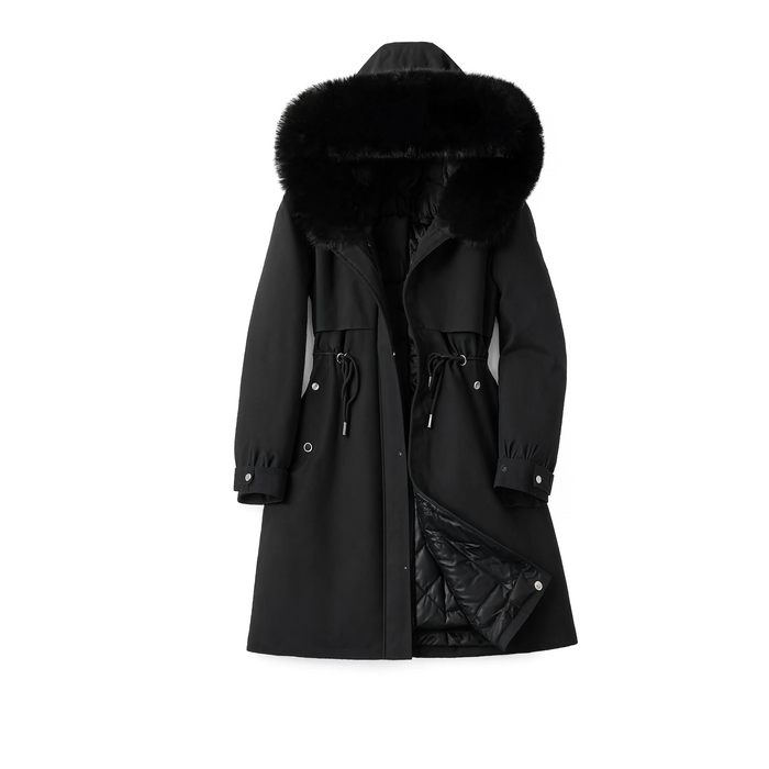 Parka femme très longue La Mésange noire sur fond blanc, longueur au mollet
