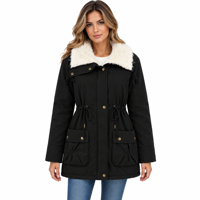Parka femme doublée à grand col fausse fourrure, taille ajustable | La Trappeuse