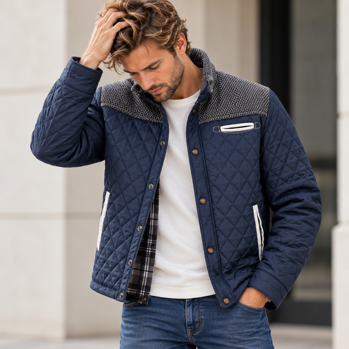 Veste homme matelassée losanges, empiècements tricot et passepoils | Le Passepoil