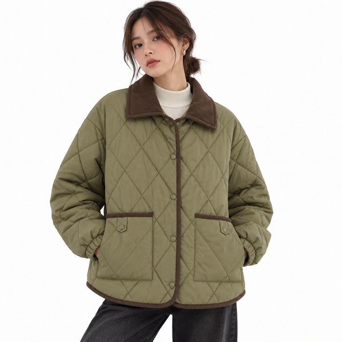 Veste femme matelassée vert olive oversize, col velours côtelé | La Chocolatine
