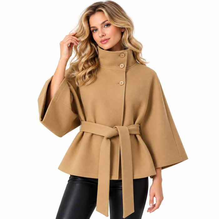 Manteau cape femme col montant, ceinture à nouer | La Cape Camel