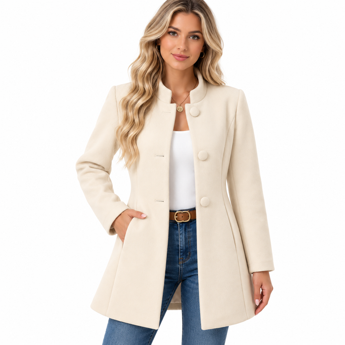 Veste femme longue col montant boutonnée, coupe structurée | La Structurée