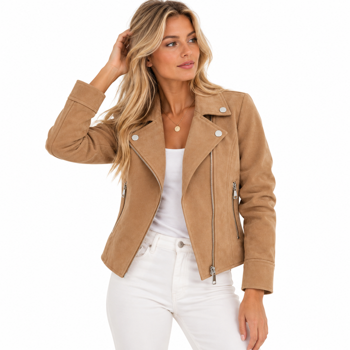 Veste femme façon perfecto en suédine, zip asymétrique | La Motarde
