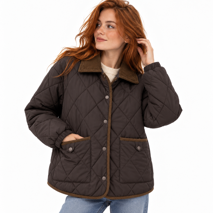 Veste femme matelassée chocolat oversize, col en velours côtelé | La Chocolatine