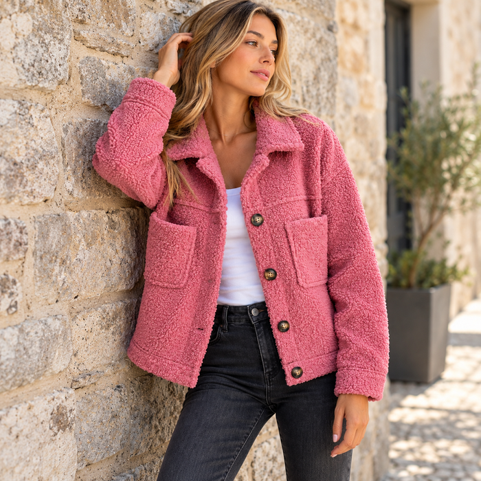 Surchemise femme teddy boutonnée, poches poitrine | La Sucrée