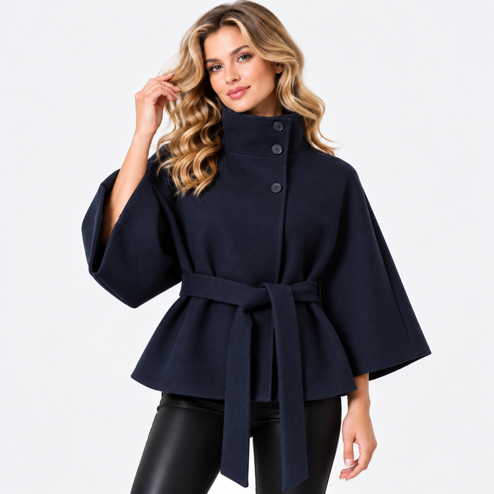 Manteau cape femme col montant, ceinture à nouer | La Cape Camel