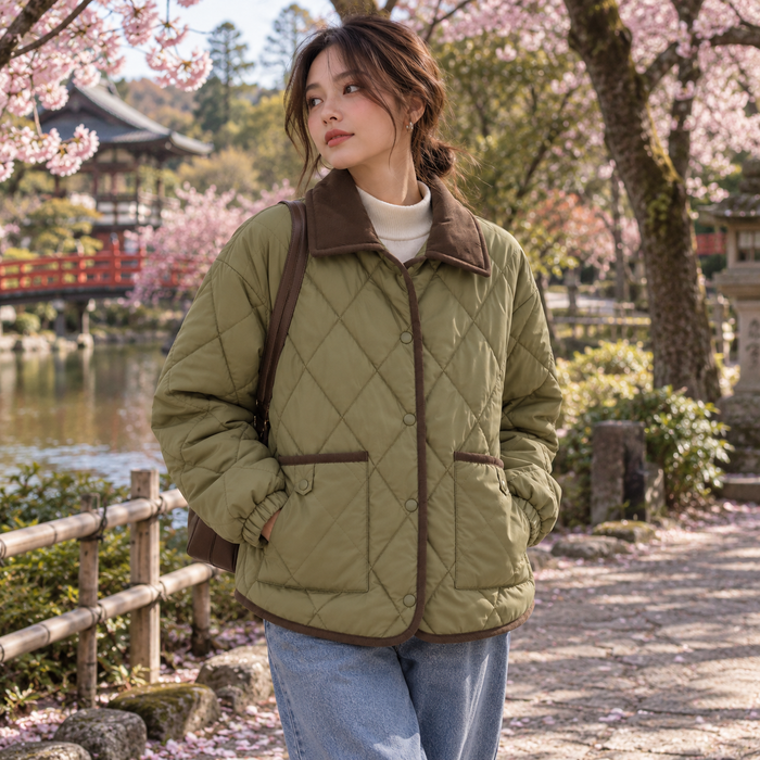 Veste matelassée vert olive portée au printemps | La Chocolatine