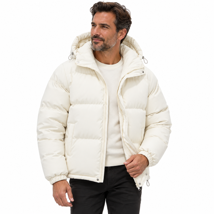 Homme portant la parka matelassée à capuche Le Verso en beige, vue de face
