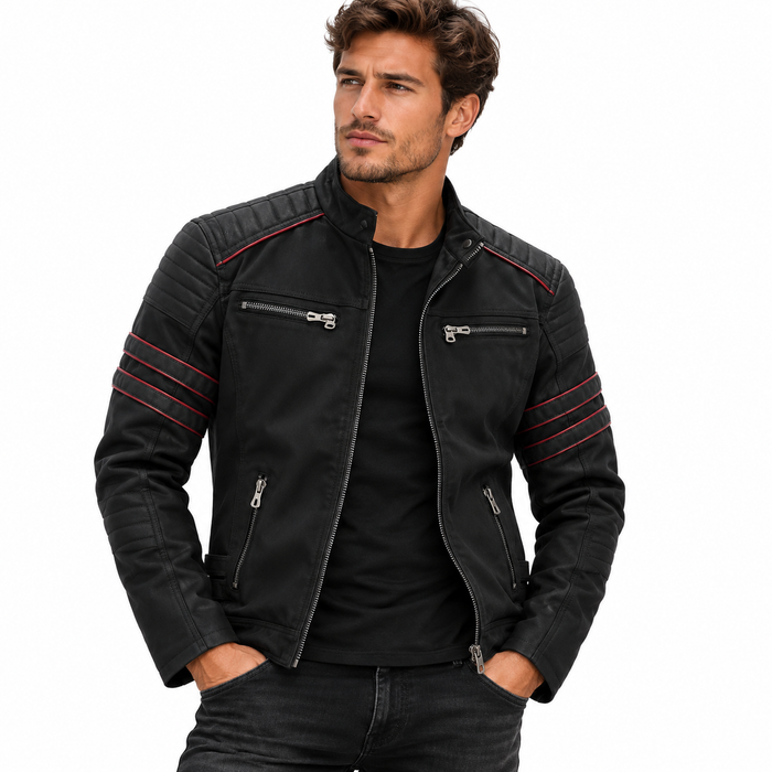 Veste motard homme noire à col montant et zip asymétrique, portée sur un t-shirt noir, vue de face