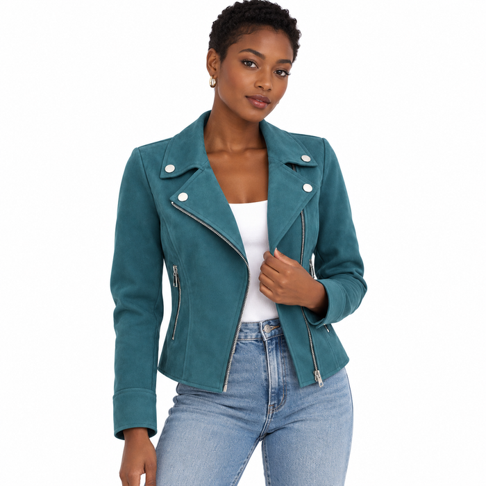 Veste femme façon perfecto en suédine, zip asymétrique | La Motarde