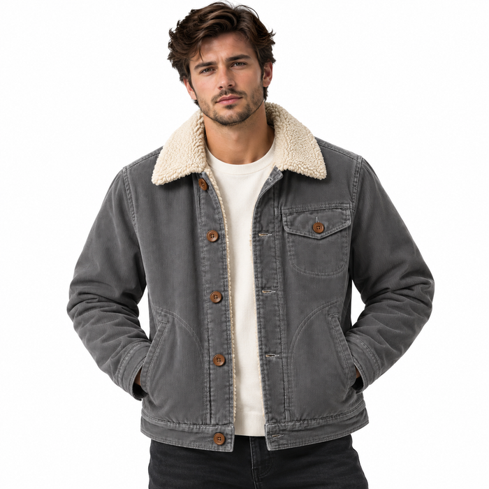 Veste homme velours côtelé doublée peluche, col fausse fourrure | Le Velours Fourré