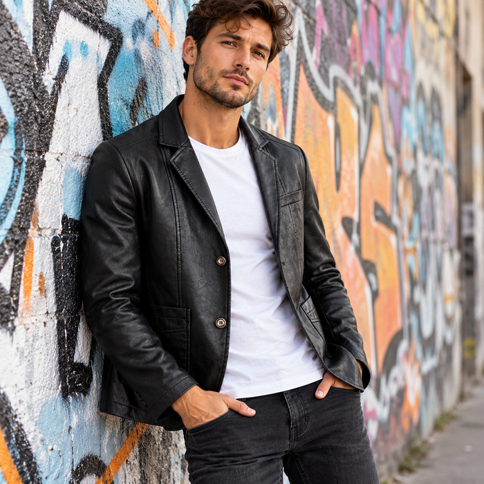 Blazer homme effet cuir cintré, col cranté | Le Smoking