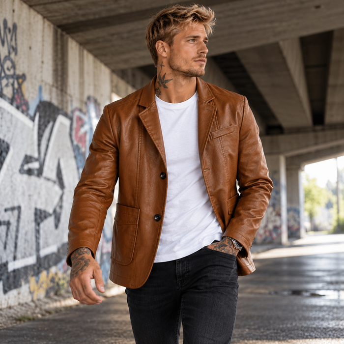 Blazer homme effet cuir cintré, col cranté | Le Smoking