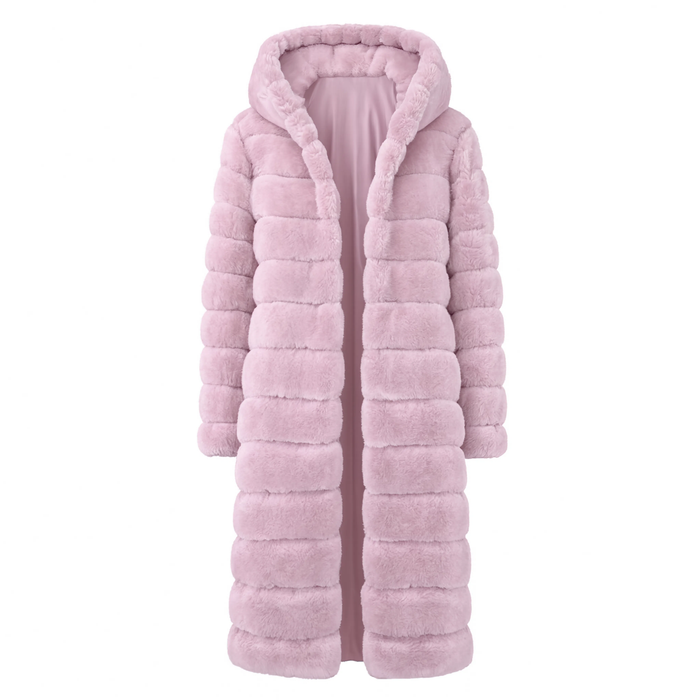 Manteau femme long fausse fourrure La Toundra rose sur fond blanc, capuche fourrée
