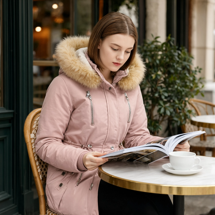 Parka femme rose à capuche fourrée portée dans un café en hiver