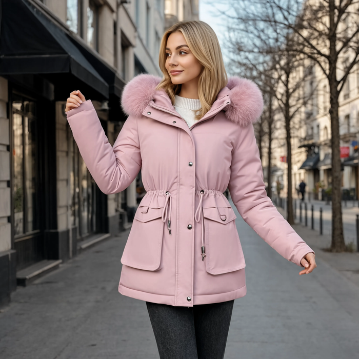 Parka femme matelassée L'Écrin rose portée en ville, taille resserrée par le cordon