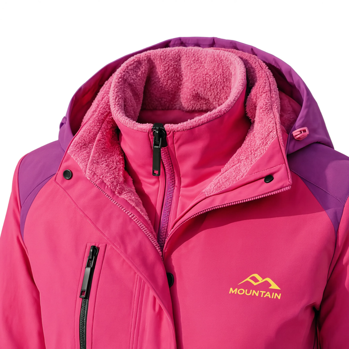 Zoom sur le col et la capuche détachable de la parka de ski La Piste rose vif